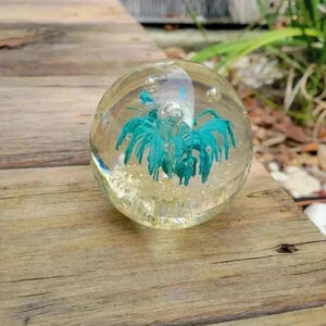 Aqua Blue Spider Lily Flower Bubble Glass Paperweight